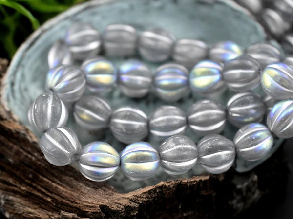 Silver Washed Transparent Gray AB Fluted Round Melon Beads -- Choose Your Size