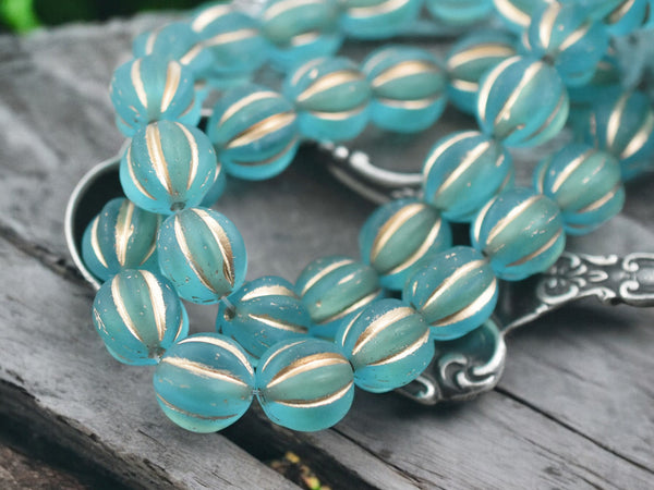 Gold Washed Matte Aqua Round Melon Beads -- Choose Your Size