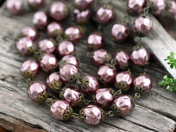 10mm Czech Glass Rose Pearl Chain with Antique Bronze Caps -- Sold by the foot