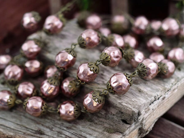 10mm Czech Glass Rose Pearl Chain with Antique Bronze Caps -- Sold by the foot