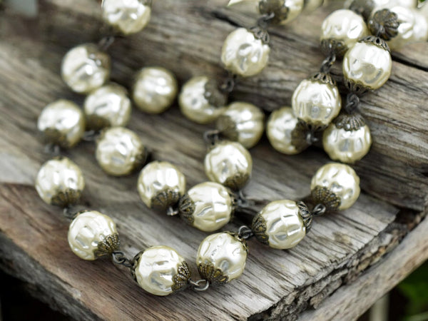 10mm Czech Glass White Baroque Pearl Chain with Bronze Caps -- Sold by the foot