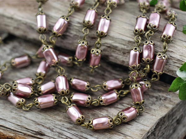 10x5mm Czech Glass Pink Pearl Chain with Antique Bronze Caps -- Sold by the foot