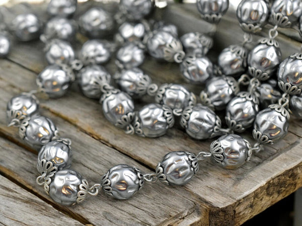 10mm Czech Glass Silver Pearl Chain with Antique Silver Caps -- Sold by the foot