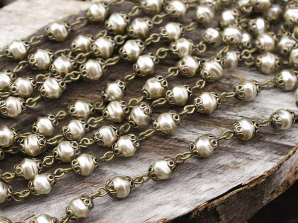 6mm Czech Glass Satin Taupe Pearl Chain w/Ant Brass Caps -- Sold by the foot