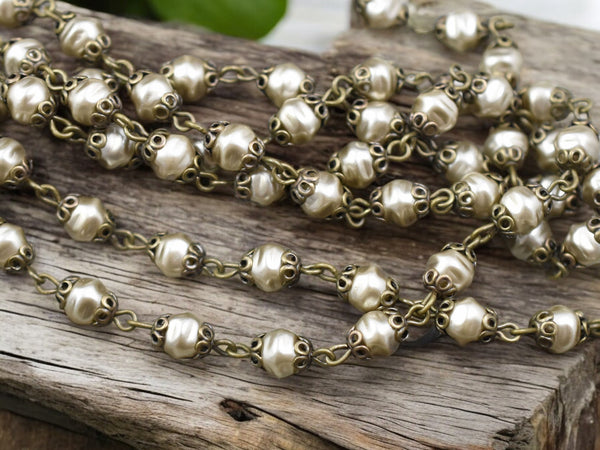 6mm Czech Glass Satin Taupe Pearl Chain w/Ant Brass Caps -- Sold by the foot