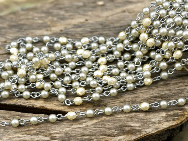 4mm Satin Taupe Pearl & Cream Fire Polished Round Beads w/Silver Beaded Chain