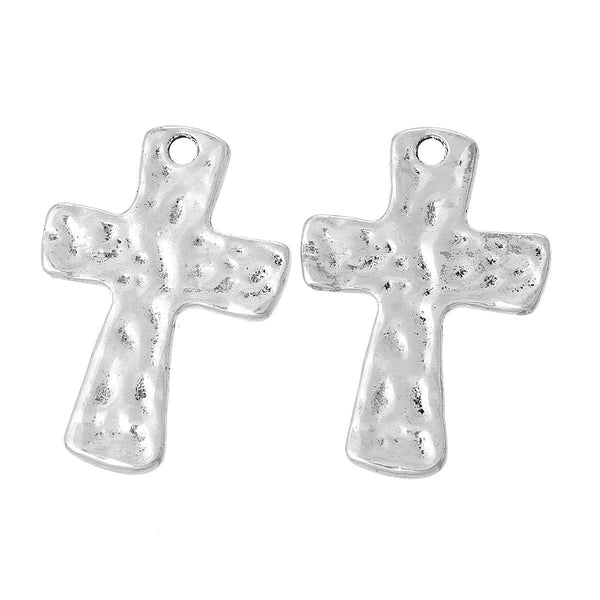 Cross Pendant - Religious Pendant - Metal Pendant - Hammered Cross - Silver Pendant - 46x31mm - 2pcs - (A407)