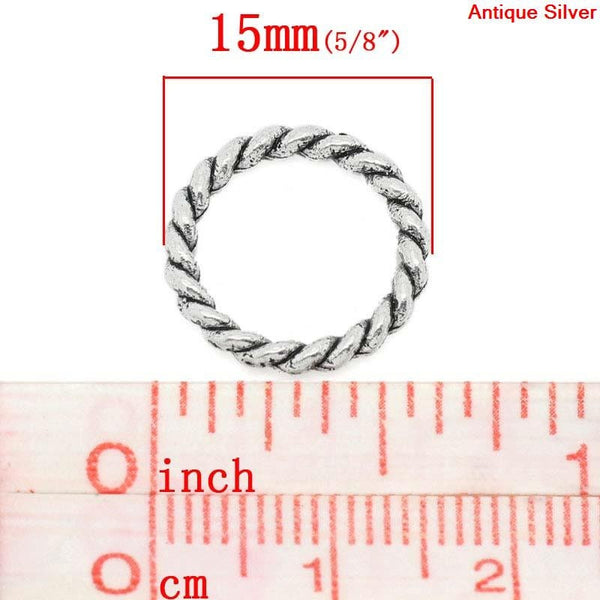 *20* 15mm Antique Silver Twisted Closed Jump Rings