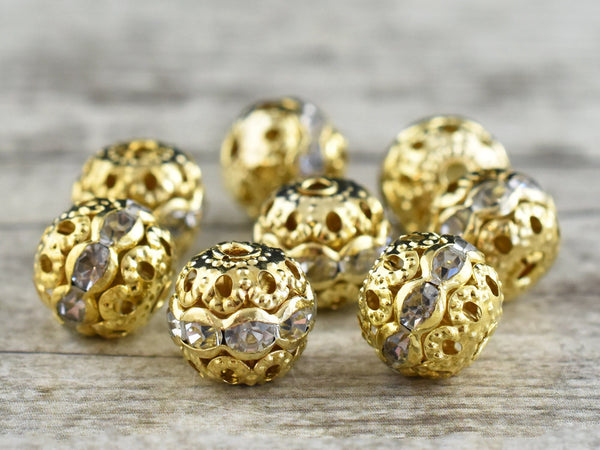 Gold Rhinestone Filigree Round Beads -- Choose Your Size