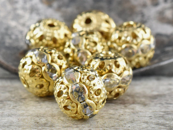 Gold Rhinestone Filigree Round Beads -- Choose Your Size