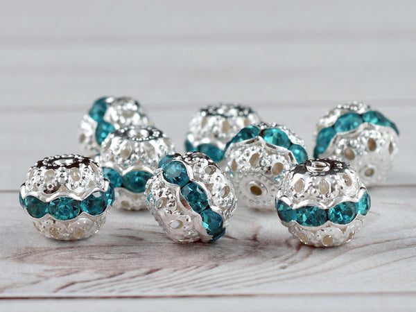 Silver w/Aquamarine Rhinestone Filigree Round Beads -- Choose Your Size