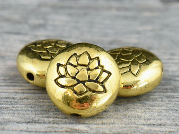 *10* 14mm Antique Gold Lotus Flower Design Coin Beads