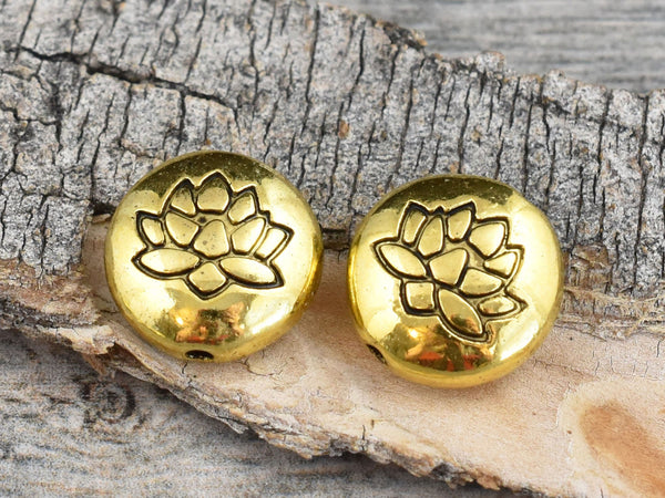 *10* 14mm Antique Gold Lotus Flower Design Coin Beads