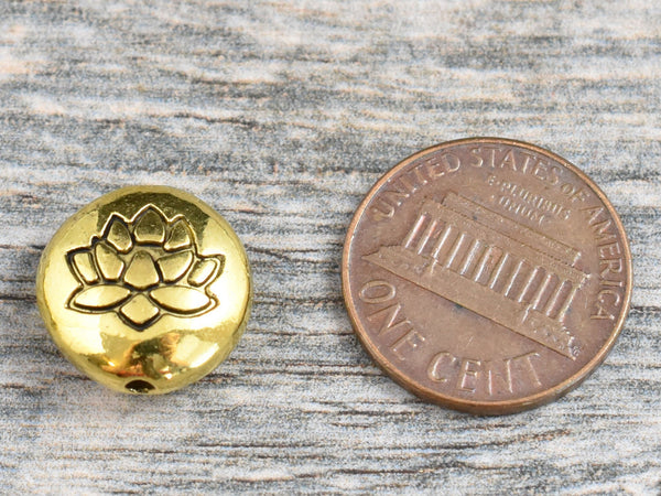 *10* 14mm Antique Gold Lotus Flower Design Coin Beads