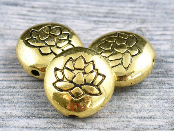 *10* 14mm Antique Gold Lotus Flower Design Coin Beads