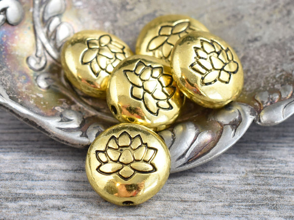 *10* 14mm Antique Gold Lotus Flower Design Coin Beads