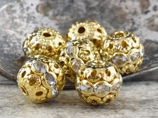 Gold Rhinestone Filigree Round Beads -- Choose Your Size