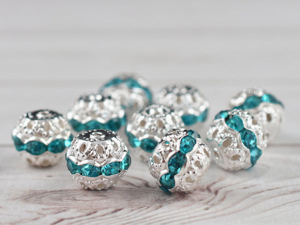 Silver w/Aquamarine Rhinestone Filigree Round Beads -- Choose Your Size