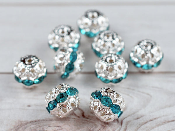 Silver w/Aquamarine Rhinestone Filigree Round Beads -- Choose Your Size