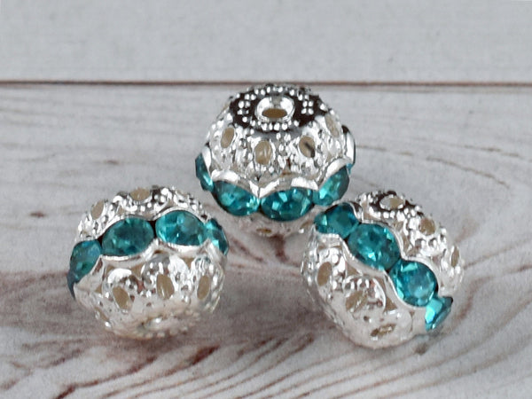 Silver w/Aquamarine Rhinestone Filigree Round Beads -- Choose Your Size