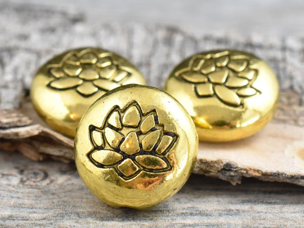 *10* 14mm Antique Gold Lotus Flower Design Coin Beads