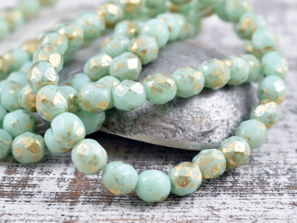 *50* 4mm Gold Speckled Mint Green Fire Polished Round Beads