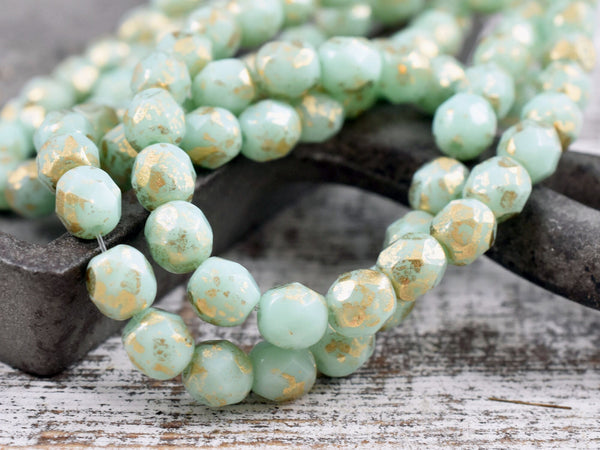 *50* 4mm Gold Speckled Mint Green Fire Polished Round Beads