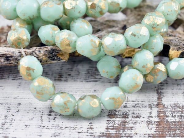 *50* 4mm Gold Speckled Mint Green Fire Polished Round Beads