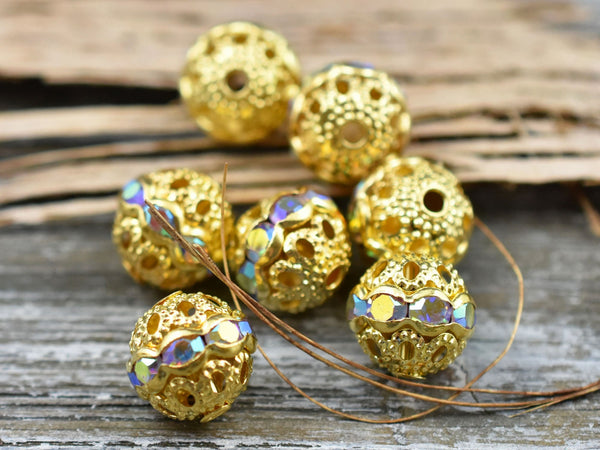 Gold w/Crystal AB Rhinestone Filigree Round Beads -- Choose Your Size