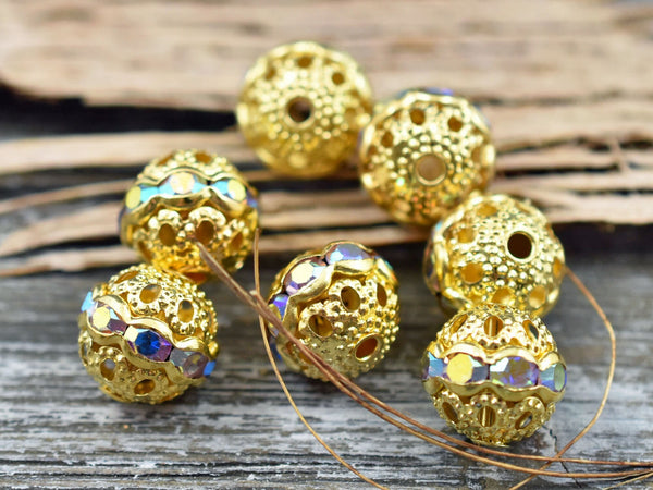 Gold w/Crystal AB Rhinestone Filigree Round Beads -- Choose Your Size