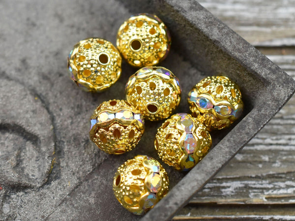 Gold w/Crystal AB Rhinestone Filigree Round Beads -- Choose Your Size