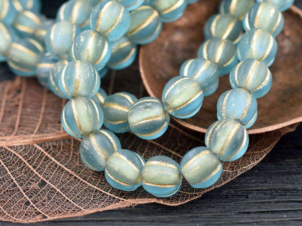 *20* 8mm Gold Washed Matte Blue Aqua Large Hole Melon Beads