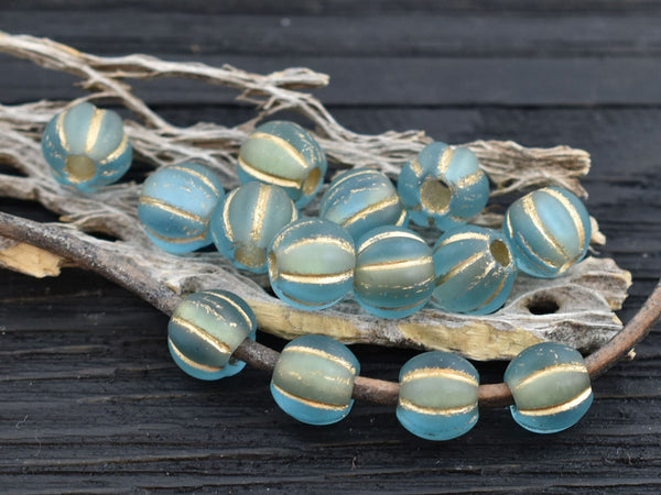 *20* 8mm Gold Washed Matte Blue Aqua Large Hole Melon Beads