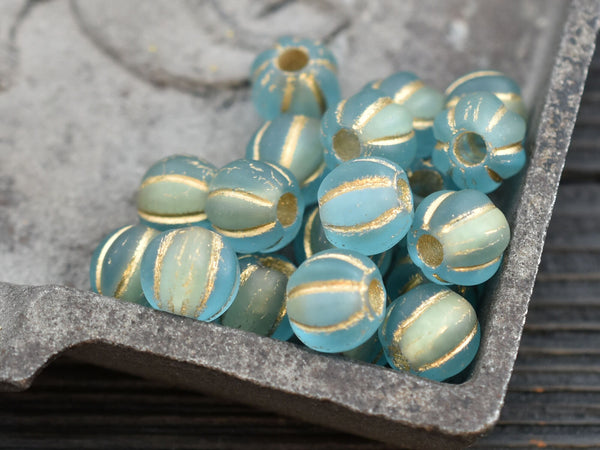 *20* 8mm Gold Washed Matte Blue Aqua Large Hole Melon Beads