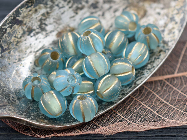 *20* 8mm Gold Washed Matte Blue Aqua Large Hole Melon Beads