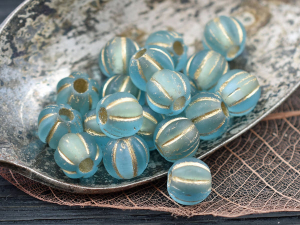 *20* 8mm Gold Washed Matte Blue Aqua Large Hole Melon Beads