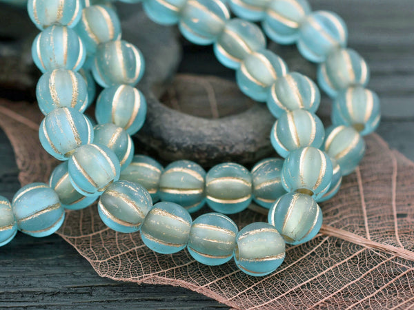 *20* 8mm Gold Washed Matte Blue Aqua Large Hole Melon Beads