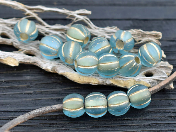 *20* 8mm Gold Washed Matte Blue Aqua Large Hole Melon Beads