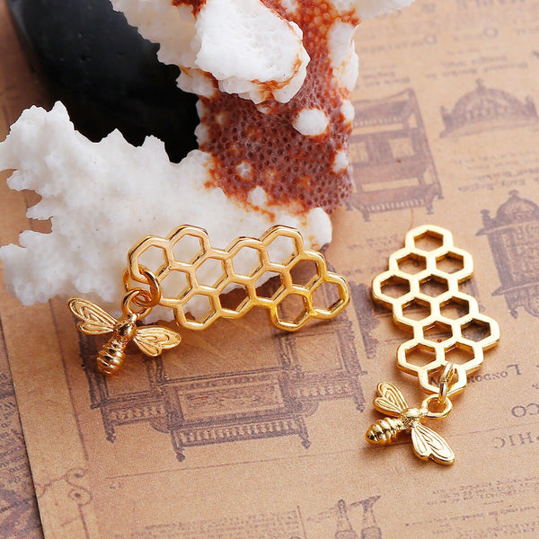 46x16mm Gold Plated Bee Honeycomb Charms - 10pcs