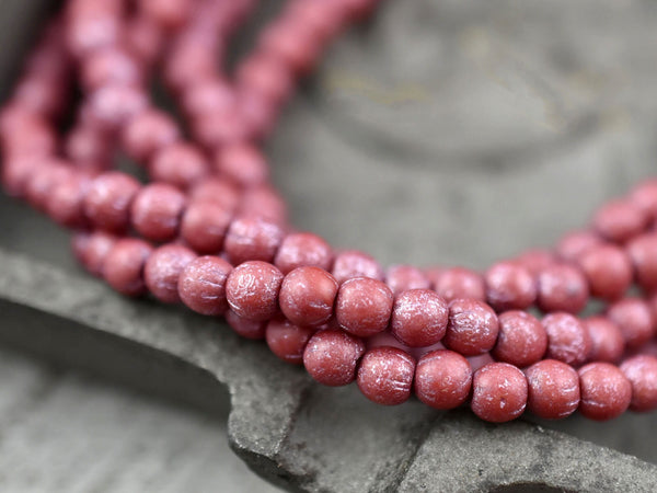 *50* 4mm Metallic Pink Luster Washed Etched Red Round Druk Beads