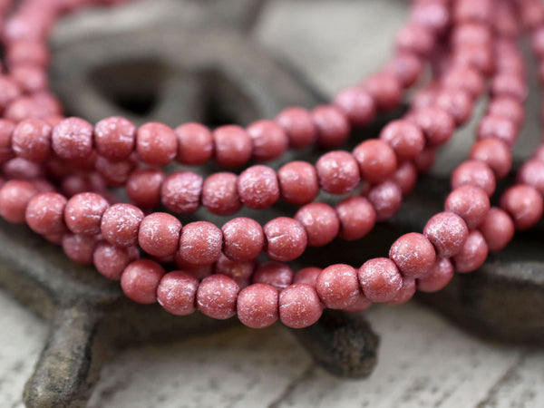 *50* 4mm Metallic Pink Luster Washed Etched Red Round Druk Beads