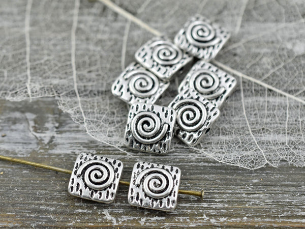 10mm Antique Silver Spiral Design Beveled Square Beads -- Choose your quantity