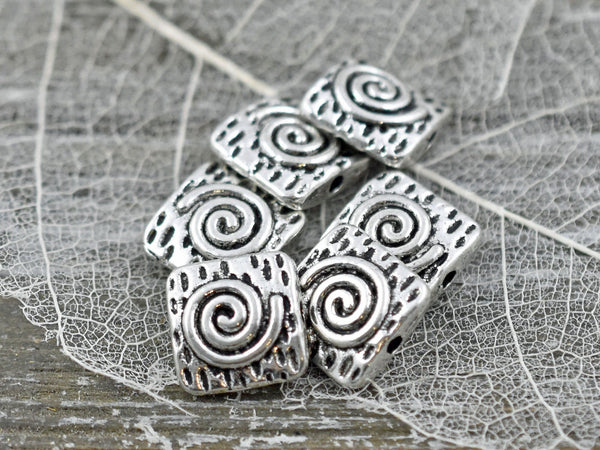 10mm Antique Silver Spiral Design Beveled Square Beads -- Choose your quantity