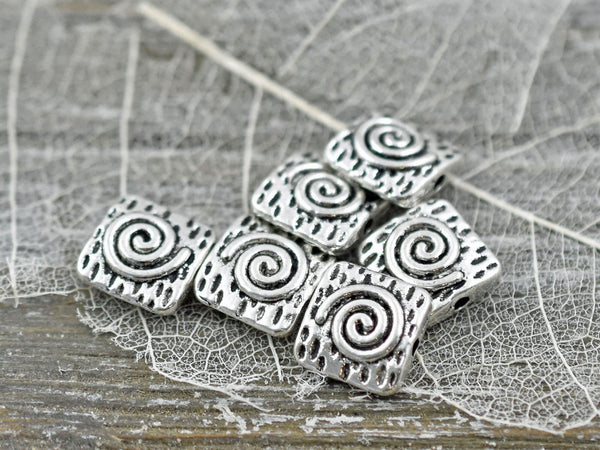 10mm Antique Silver Spiral Design Beveled Square Beads -- Choose your quantity