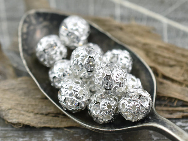 Bright Silver Rhinestone Filigree Round Beads -- Choose Your Size