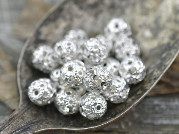 Bright Silver Rhinestone Filigree Round Beads -- Choose Your Size