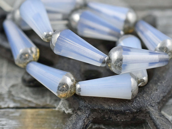 *2* 8x20mm Silver Tipped Crystal Opaline Faceted Drop Beads