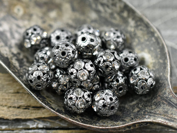 Gunmetal Rhinestone Filigree Round Beads -- Choose Your Size