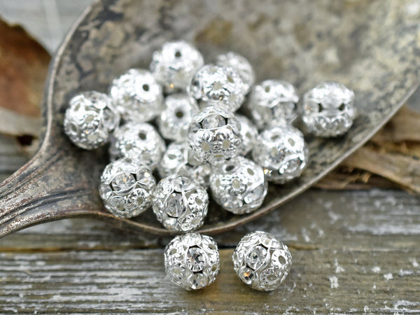 Bright Silver Rhinestone Filigree Round Beads -- Choose Your Size