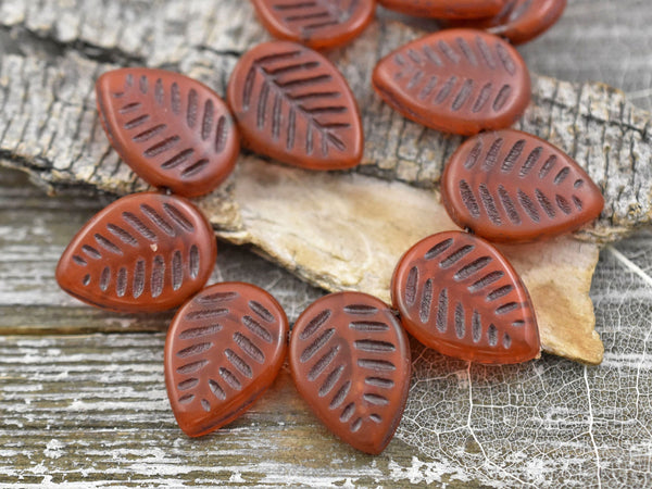 *15* 16x12mm Brown Washed Burnt Orange Top Drilled Dogwood Leaf Beads